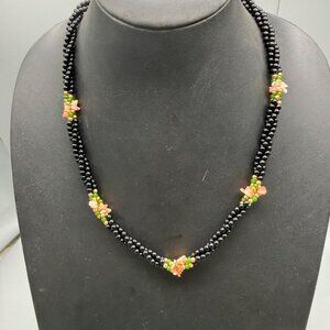 Handmade Black Beaded Necklace With Multicolor Floral Accents Approx 20-21"